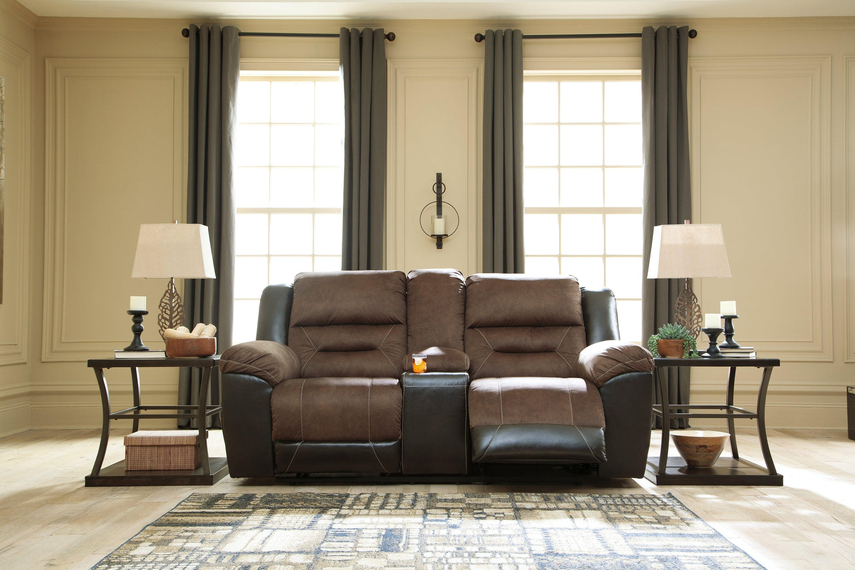 Earhart Chestnut Microfiber Reclining Loveseat With Console - Ella Furniture