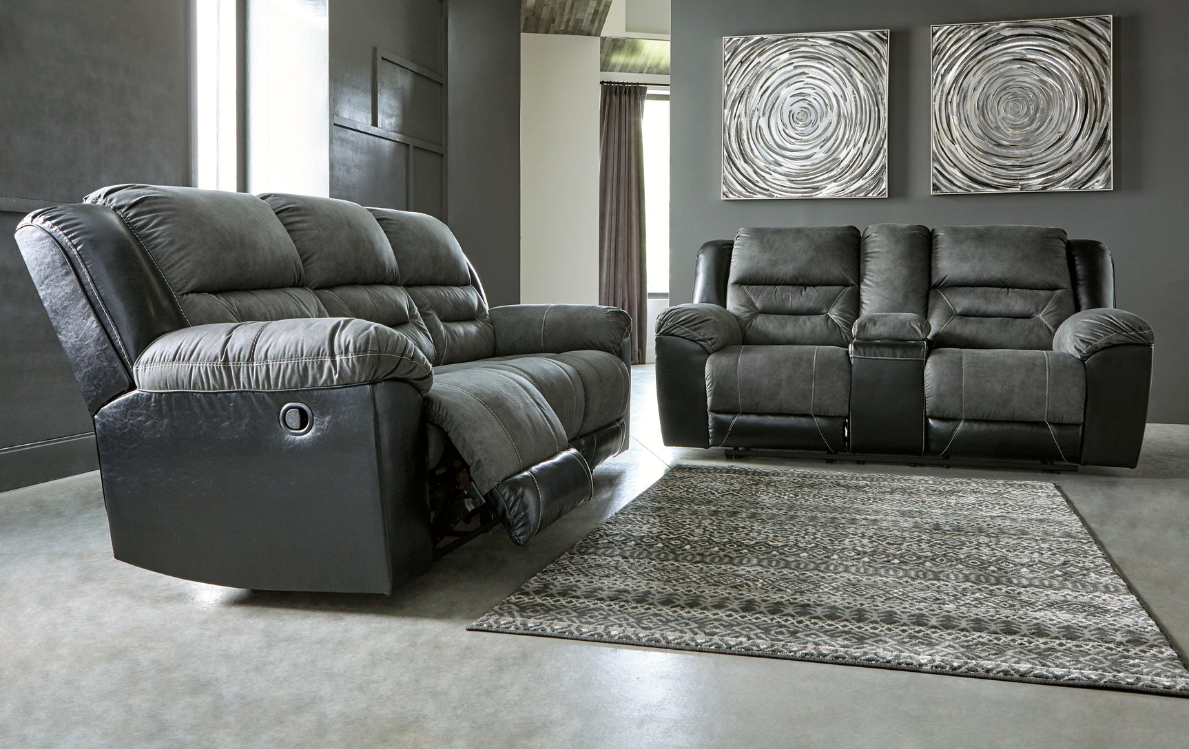 Earhart Slate Microfiber Reclining Loveseat With Console - Ella Furniture