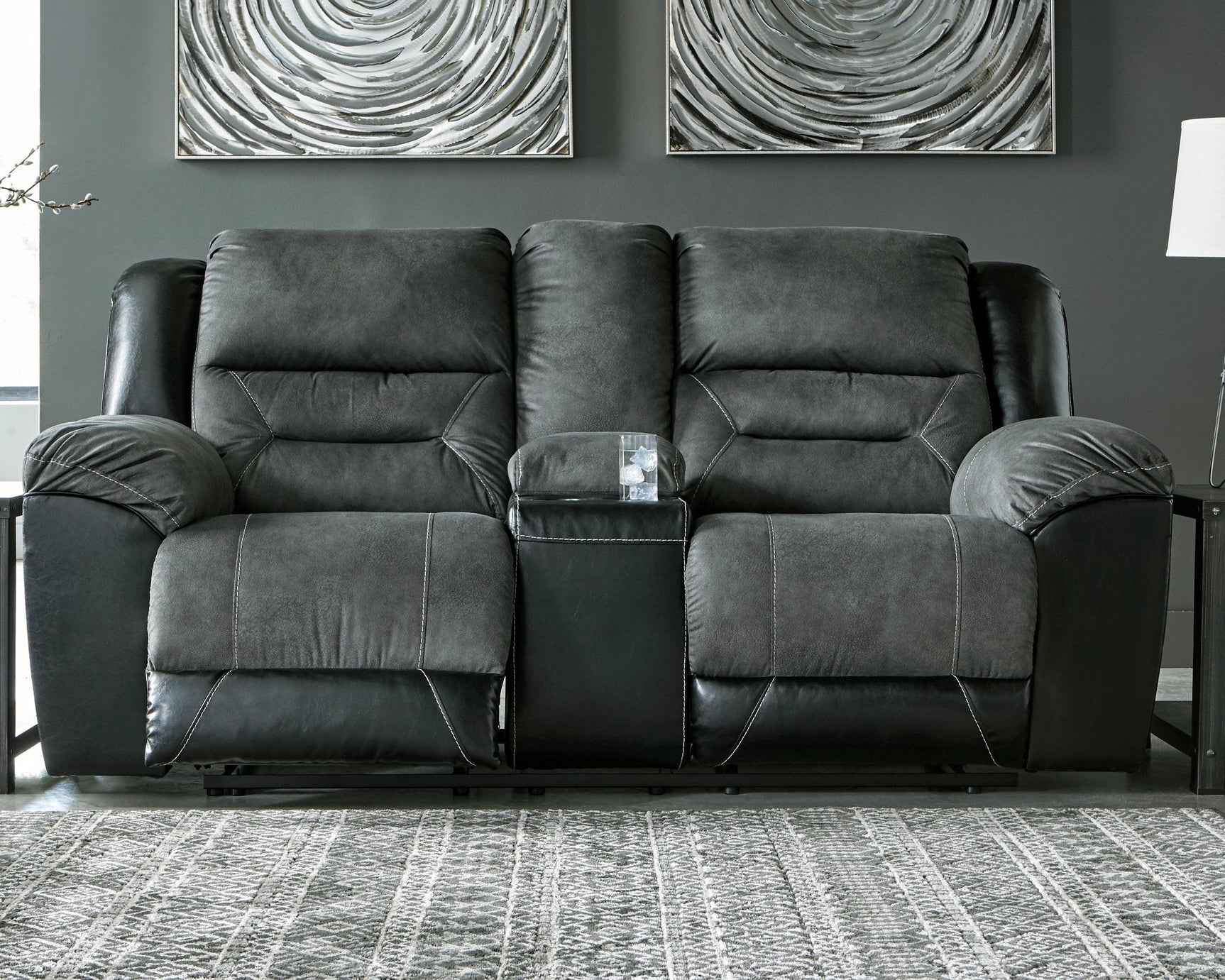 Earhart Slate Microfiber Reclining Loveseat With Console - Ella Furniture