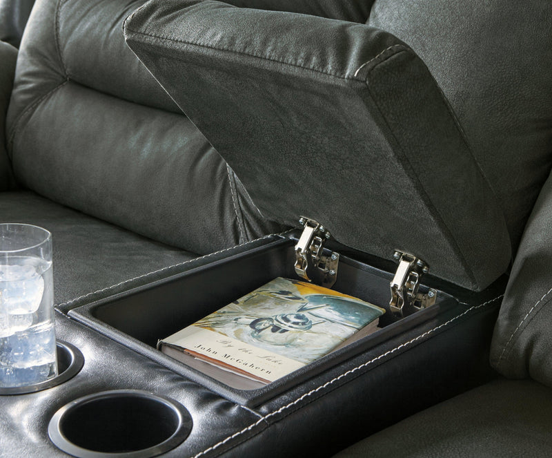 Earhart Slate Microfiber Reclining Loveseat With Console - Ella Furniture