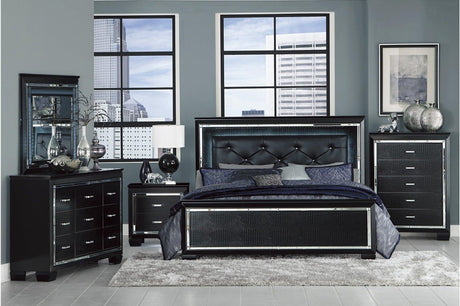 Allura Black Glamour Contemporary Solid Wood Faux Leather Upholstered Tufted LED Panel Bedroom Set - Ella Furniture