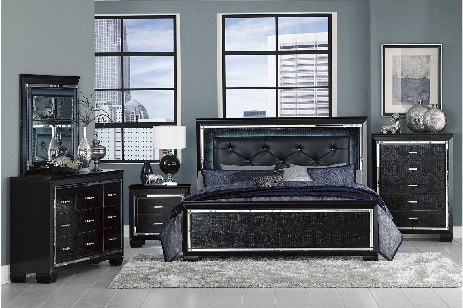 Allura Black Glamour Contemporary Solid Wood Faux Leather Upholstered Tufted LED Panel Bedroom Set - Ella Furniture