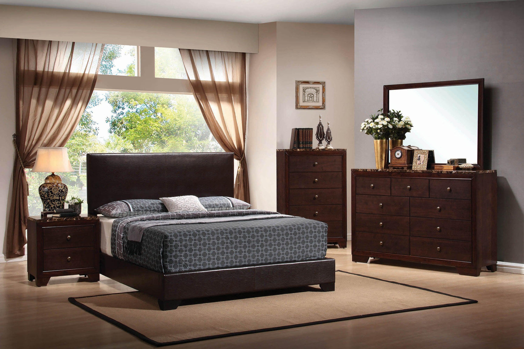 Conner Eastern King Upholstered Panel Bed Dark Brown - Ella Furniture