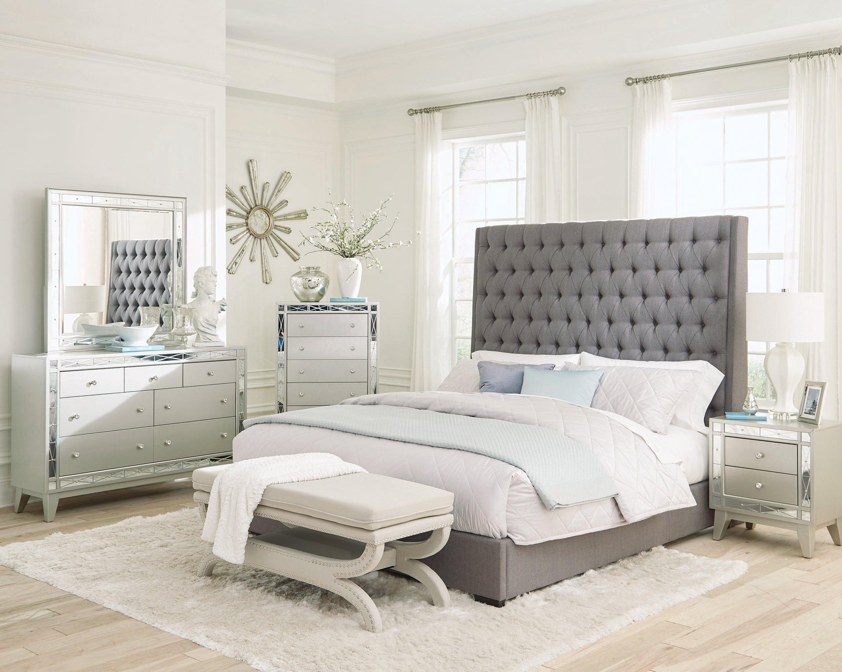 Camille Eastern King Button Tufted Bed Grey - Ella Furniture