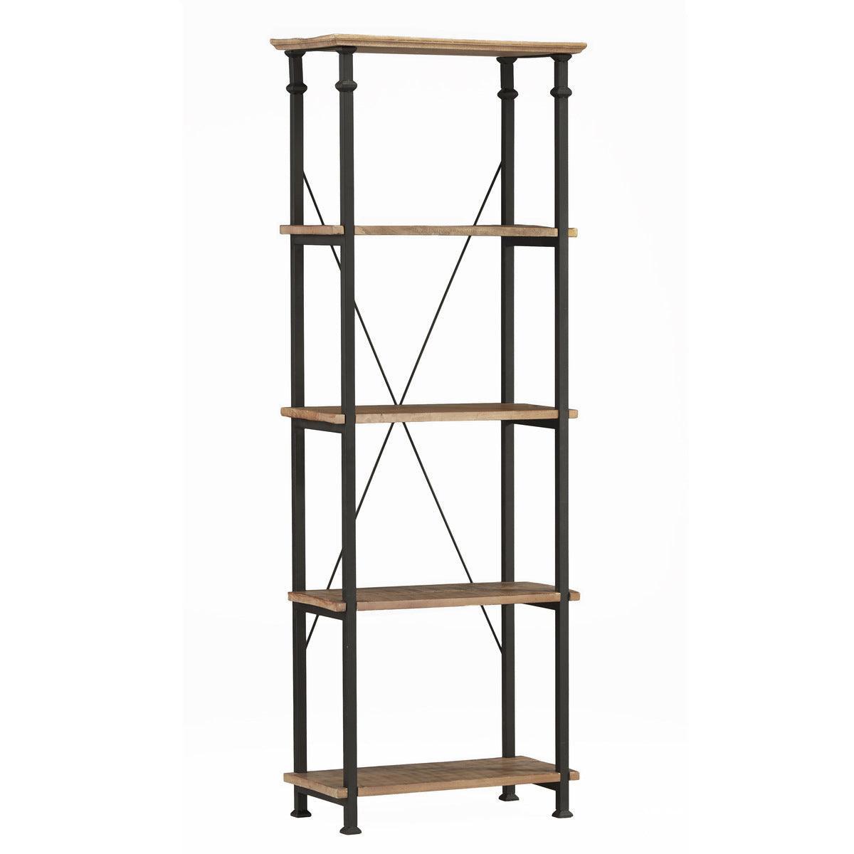Factory Rustic Poplar And Rustic Black Metal Modern Solid Wood And Metal Bookcase 4 Fixed Shelves - Ella Furniture