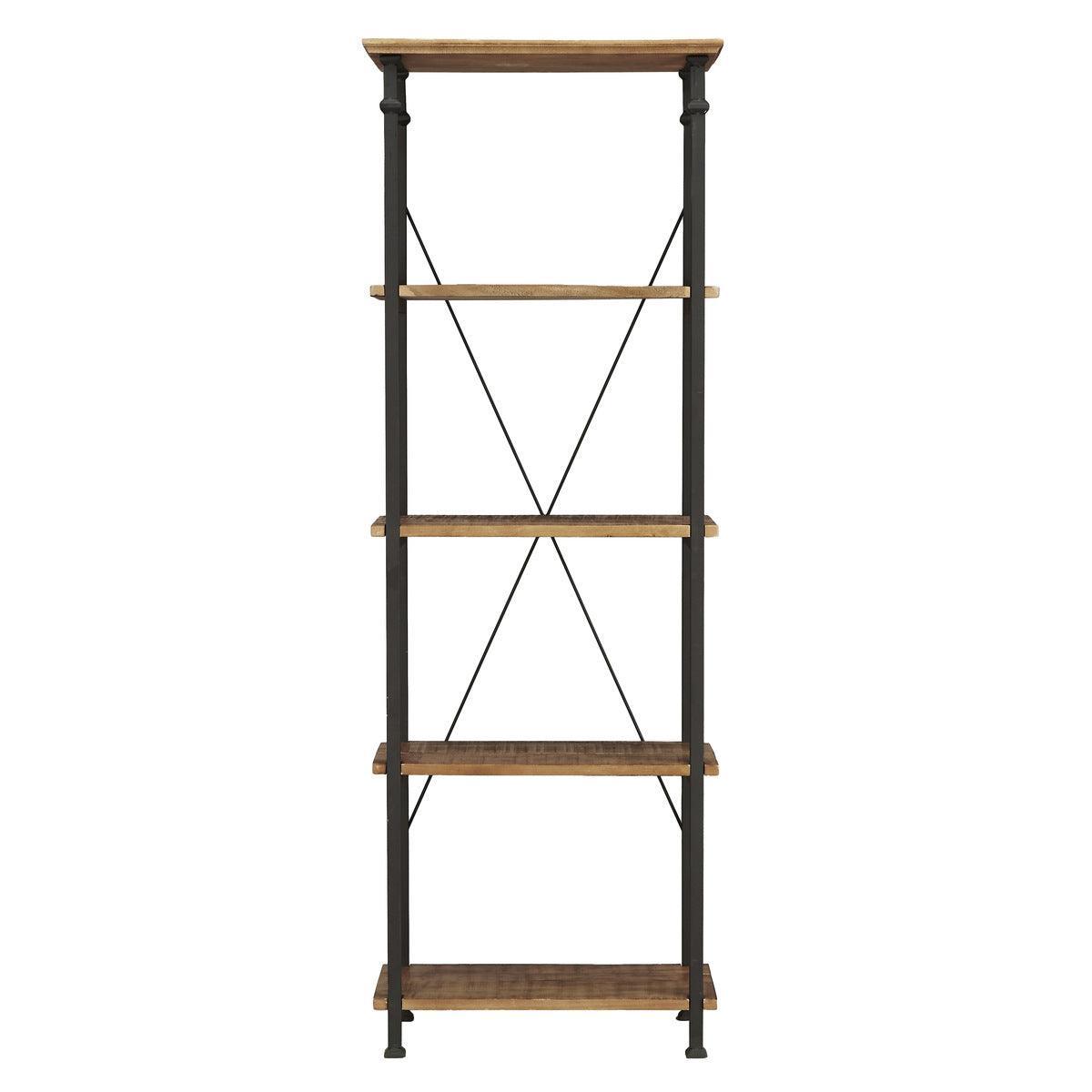 Factory Rustic Poplar And Rustic Black Metal Modern Solid Wood And Metal Bookcase 4 Fixed Shelves - Ella Furniture
