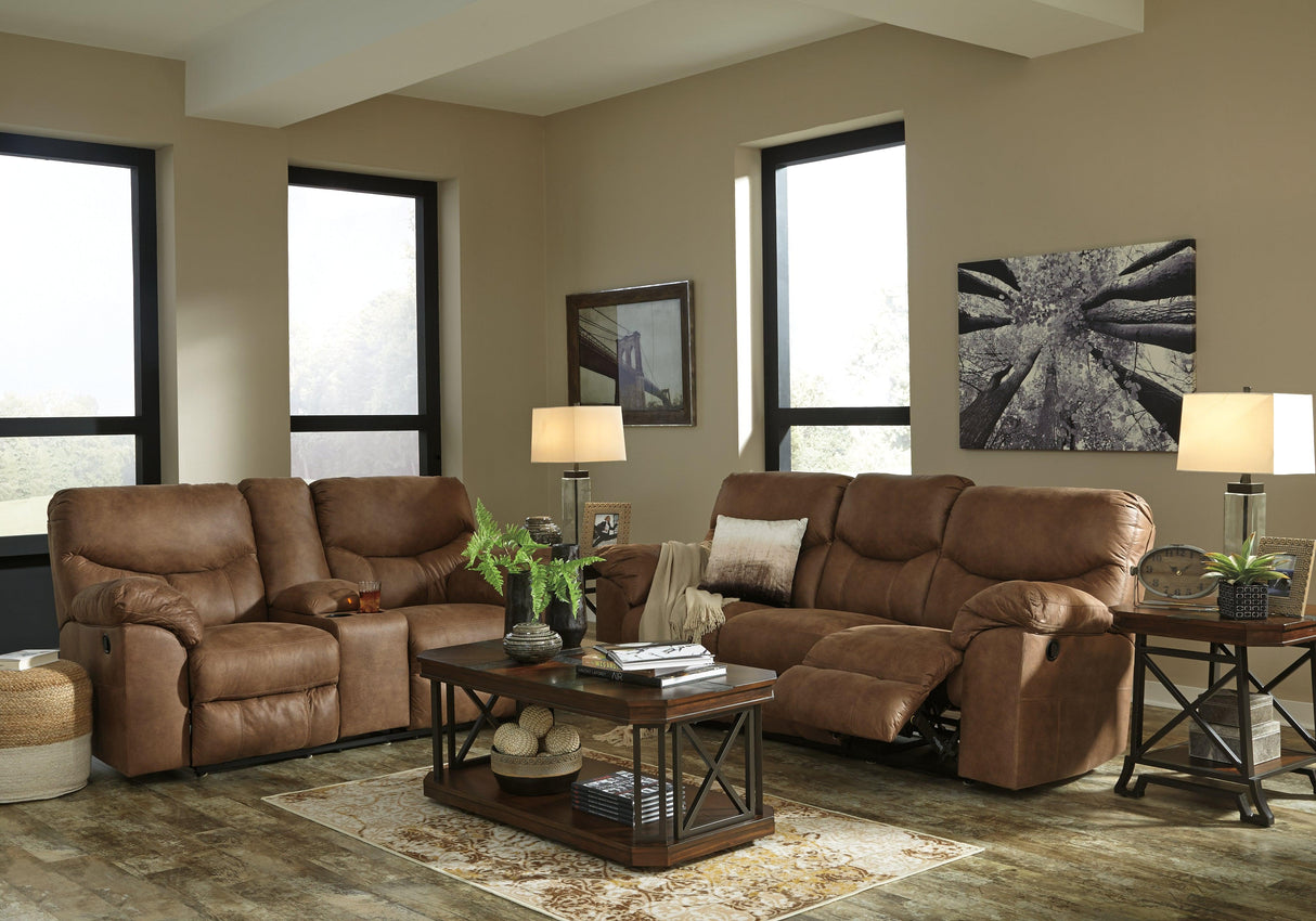 Boxberg Bark Faux Leather Reclining Loveseat With Console - Ella Furniture