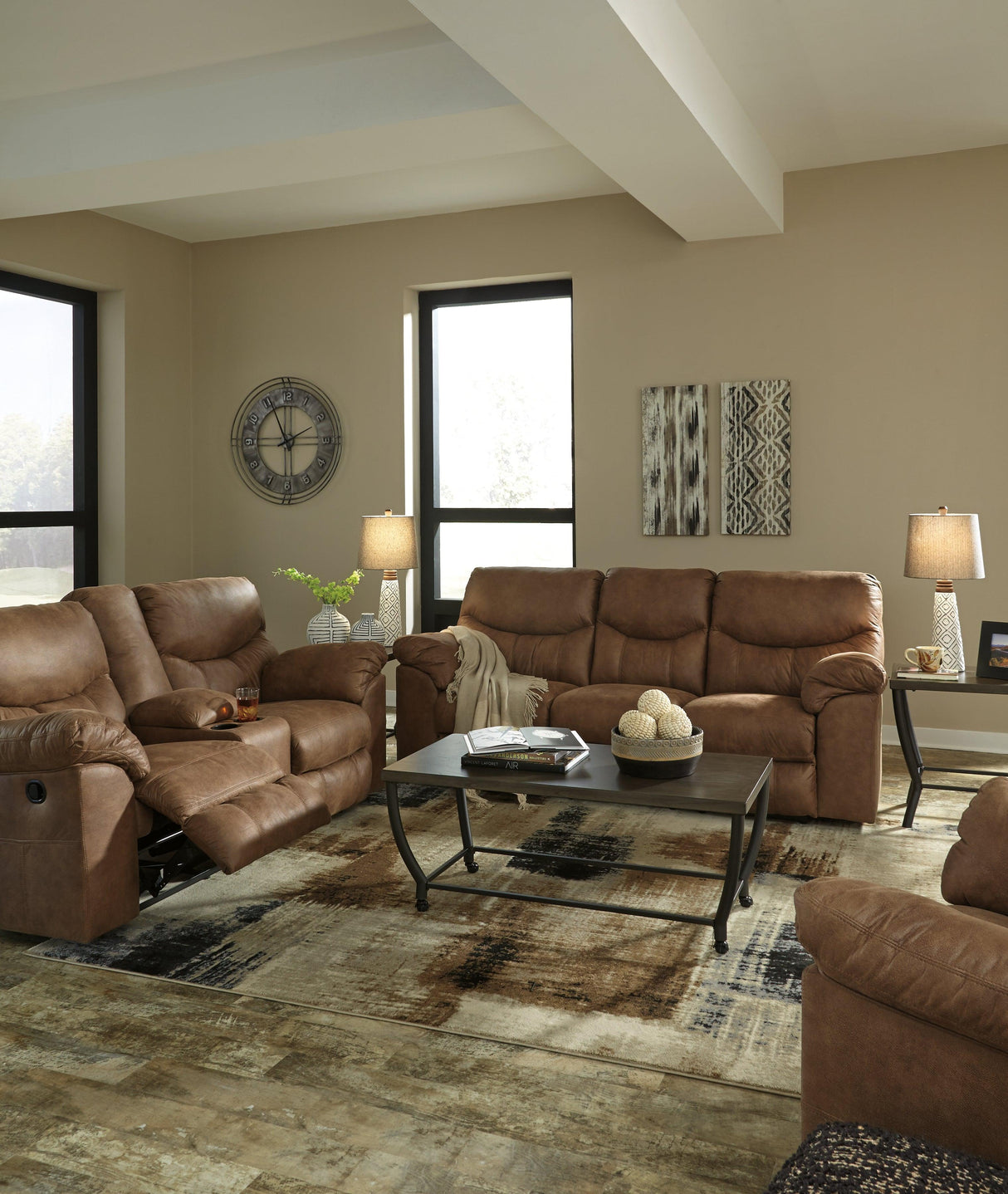 Boxberg Bark Faux Leather Reclining Loveseat With Console - Ella Furniture