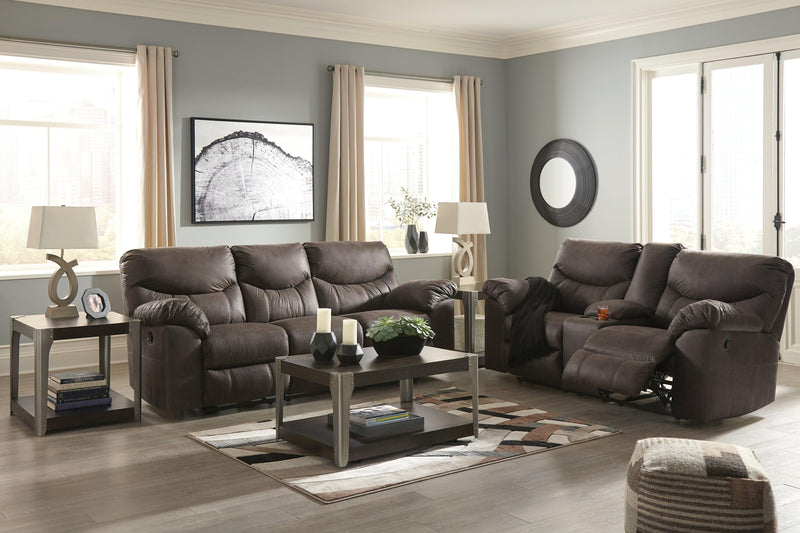 Boxberg Teak Faux Leather Reclining Loveseat With Console - Ella Furniture