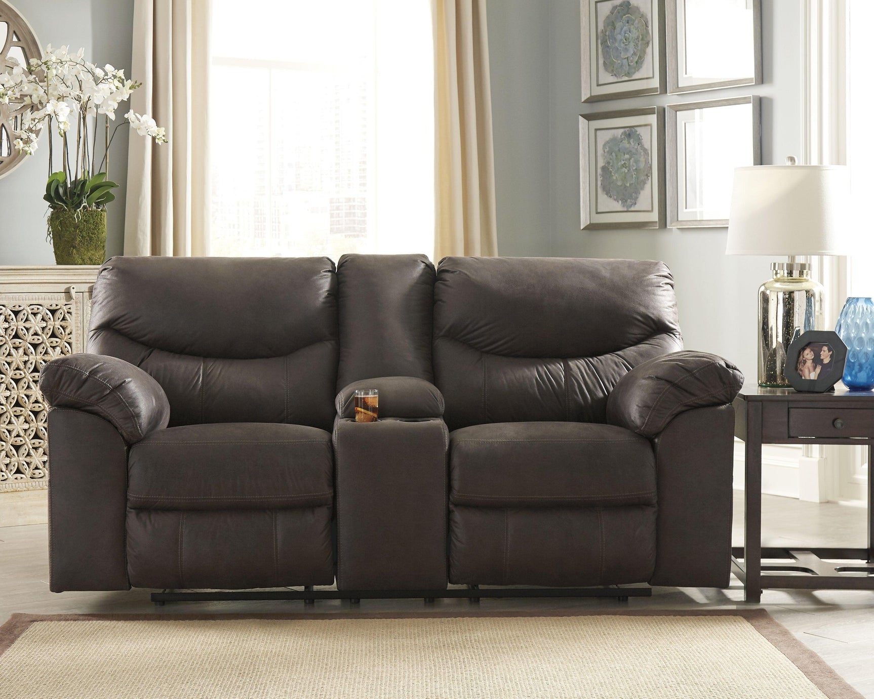 Boxberg Teak Faux Leather Reclining Loveseat With Console - Ella Furniture