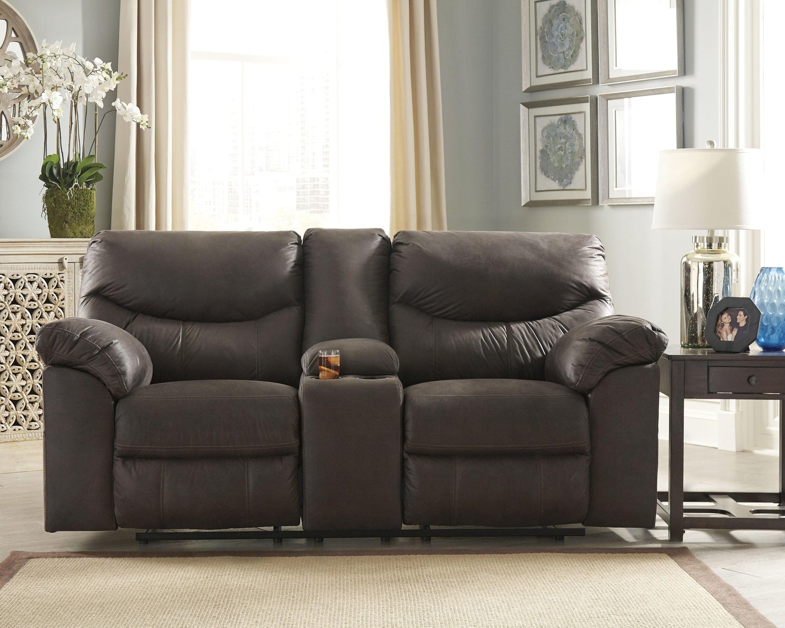 Boxberg Teak Faux Leather Reclining Loveseat With Console