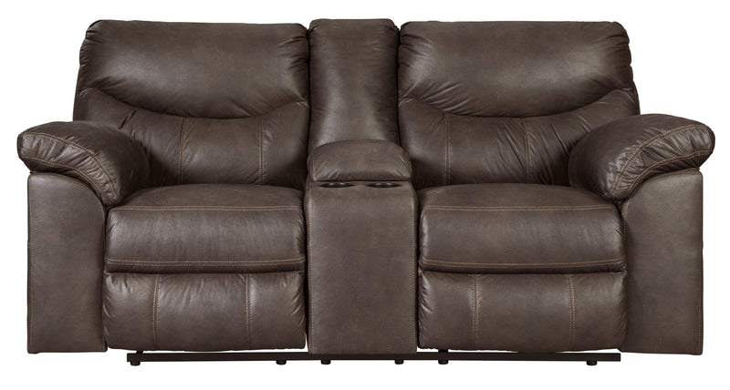 Boxberg Teak Faux Leather Reclining Loveseat With Console - Ella Furniture