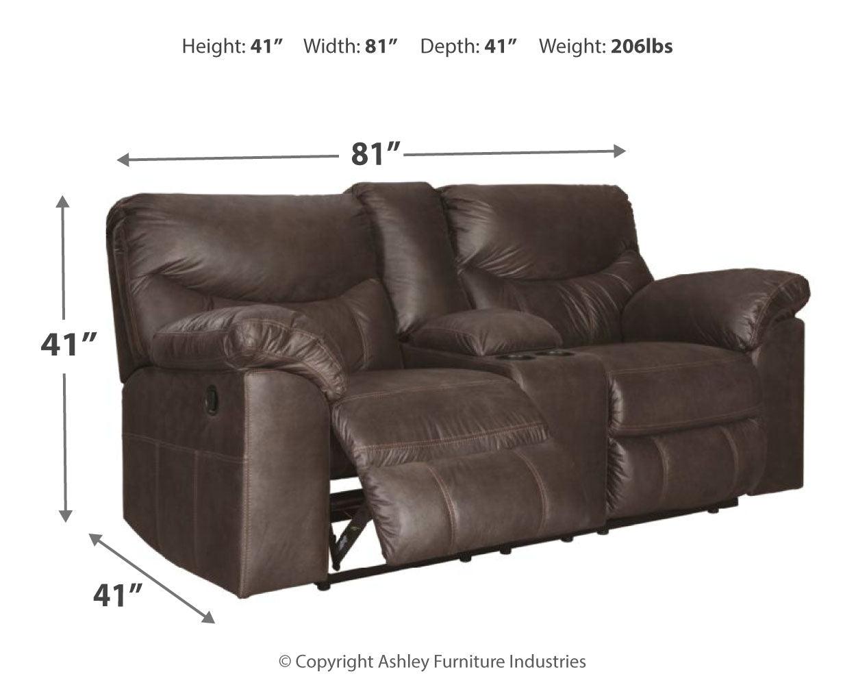 Boxberg Teak Faux Leather Reclining Loveseat With Console - Ella Furniture