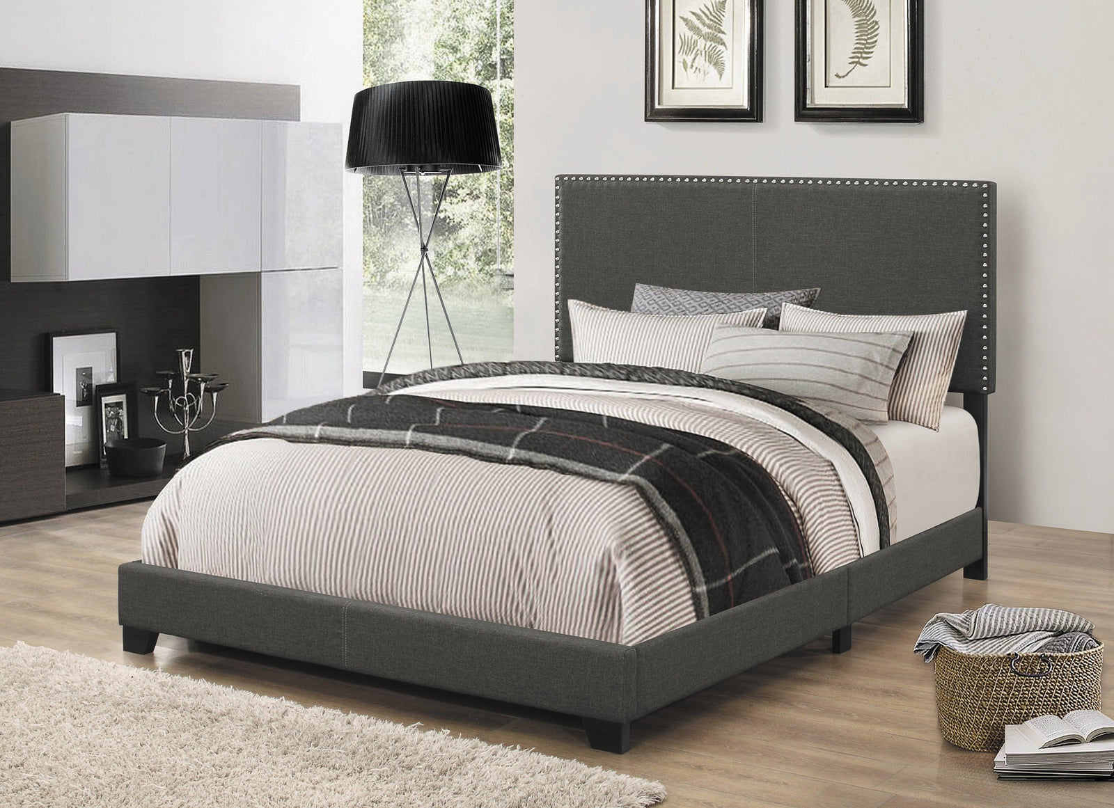 Boyd Queen Upholstered Bed With Nailhead Trim Grey - Ella Furniture