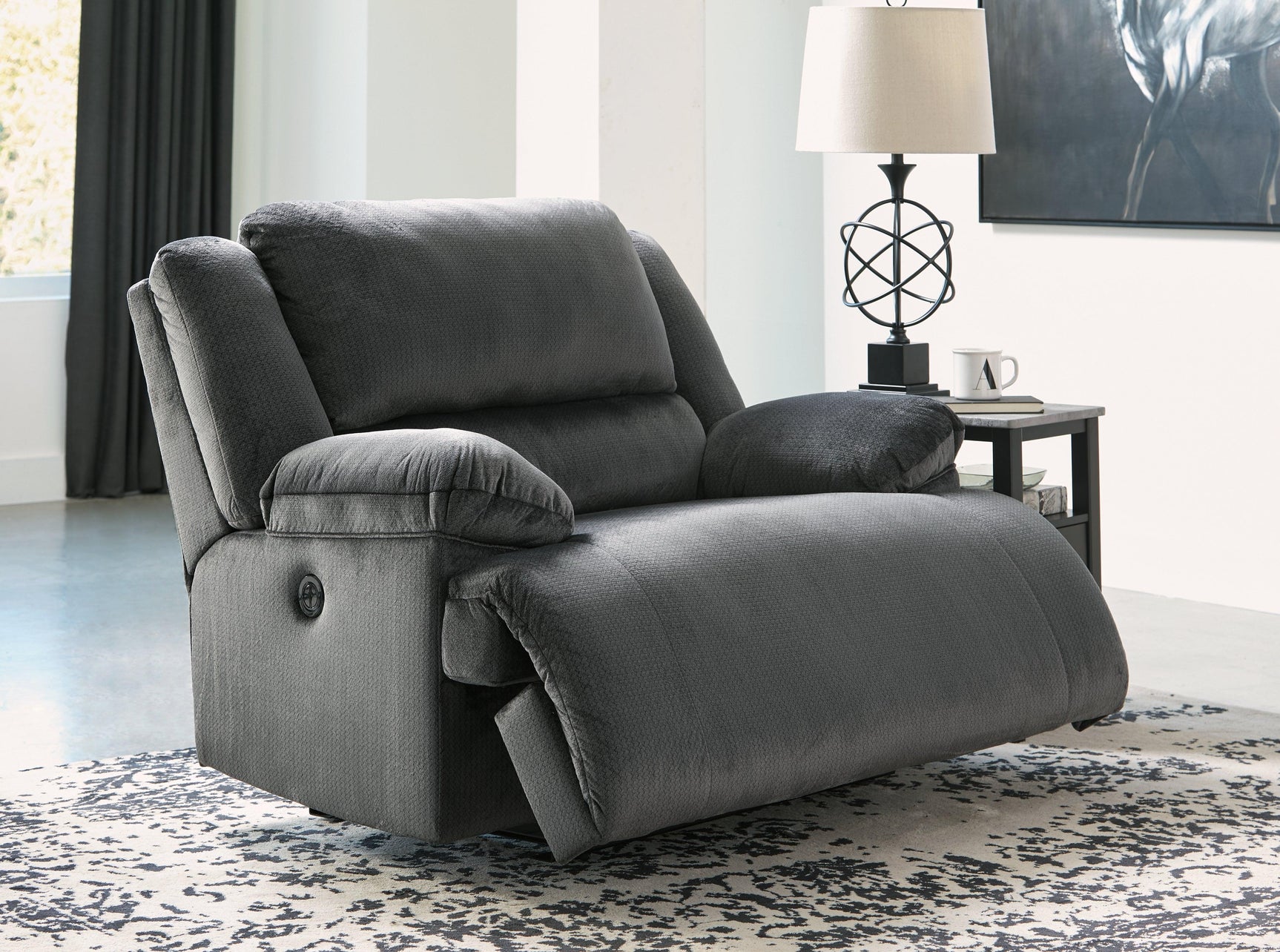 Clonmel Charcoal Velvet Oversized Power Recliner - Ella Furniture