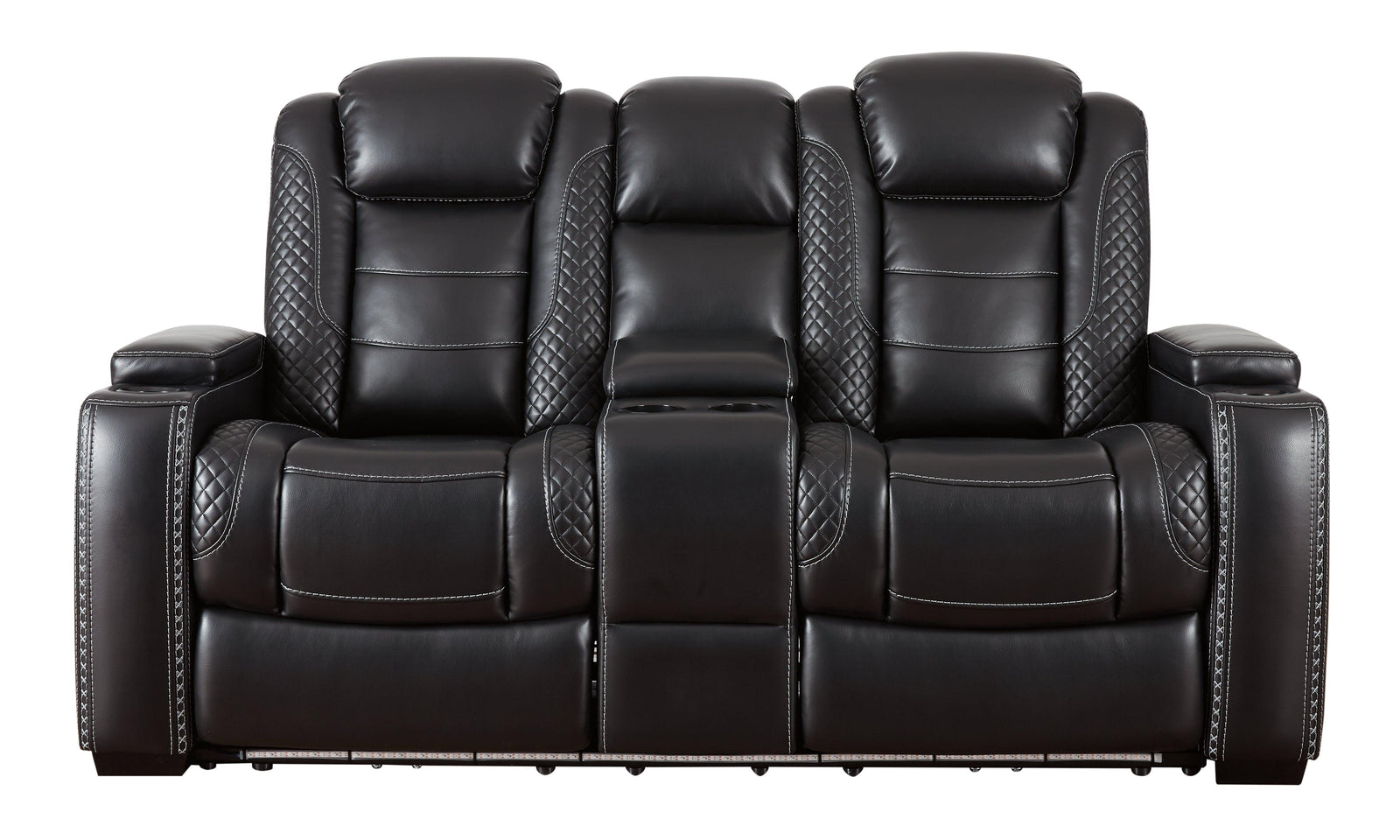 Party Time Midnight Faux Leather Power Reclining Loveseat With Console - Ella Furniture
