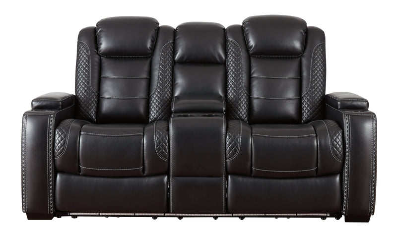 Party Time Midnight Faux Leather Power Reclining Loveseat With Console