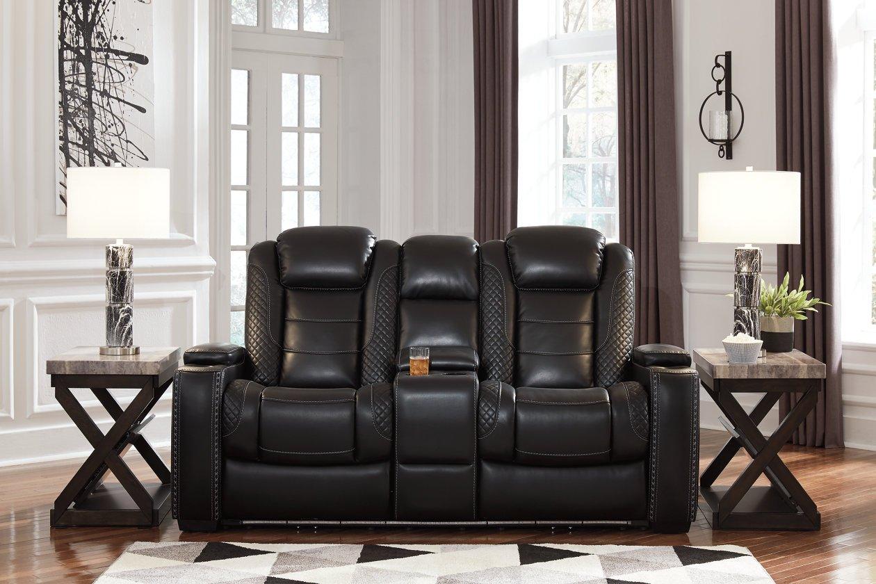 Party Time Midnight Faux Leather Power Reclining Loveseat With Console - Ella Furniture