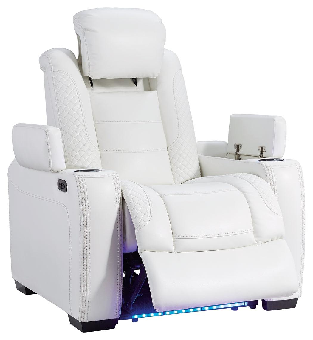 Party Time White Faux Leather Power Recliner - Ella Furniture