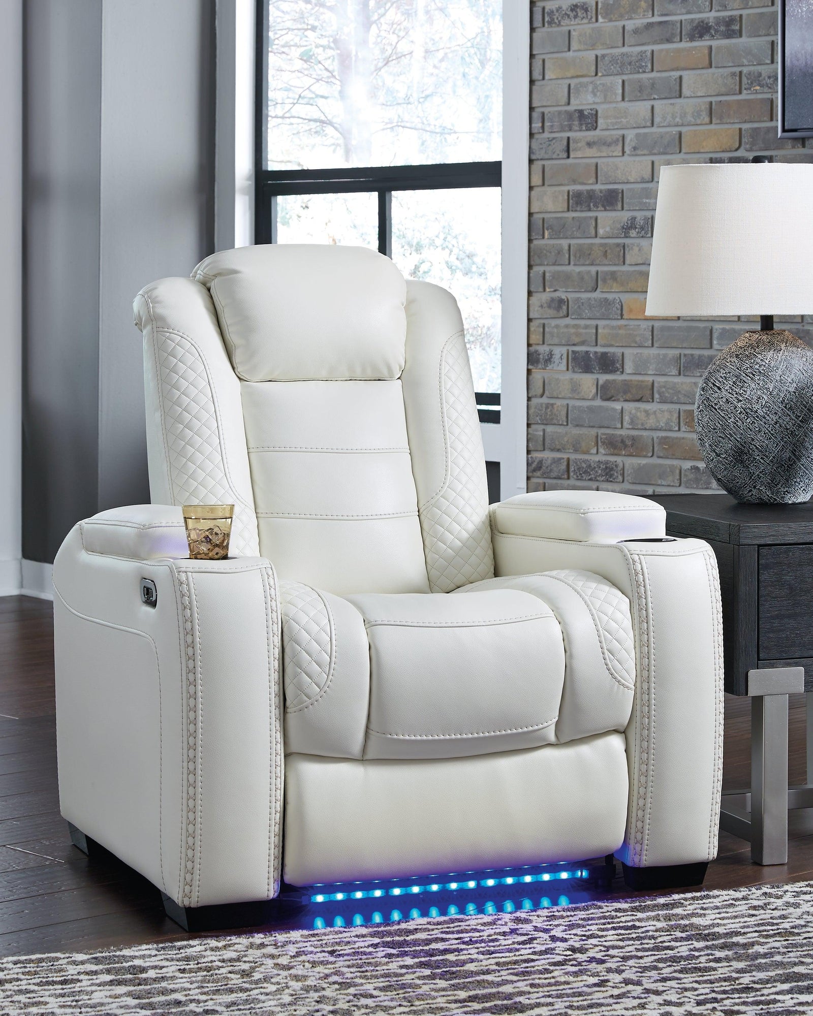 Party Time White Faux Leather Power Recliner