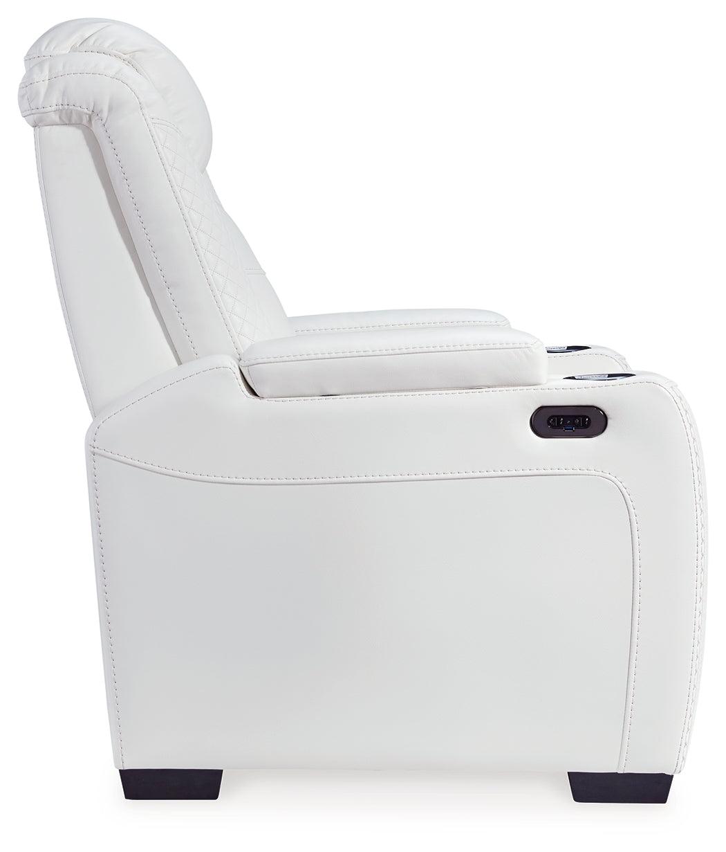 Party Time White Faux Leather Power Recliner - Ella Furniture
