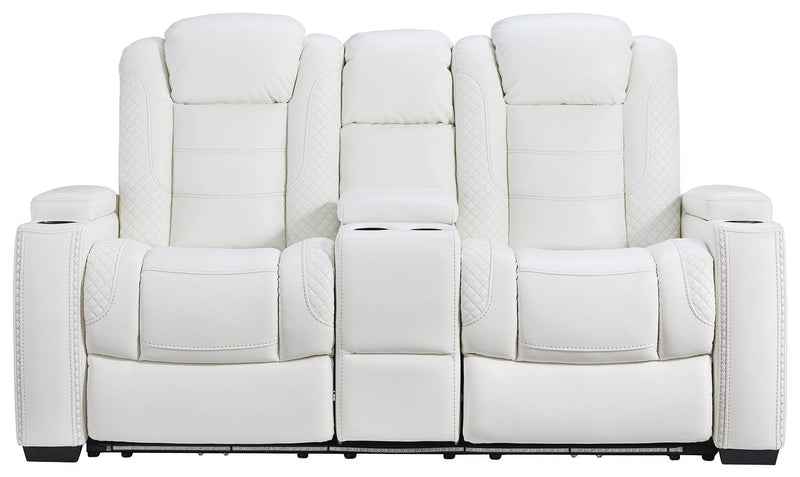 Party Time White Faux Leather Power Reclining Loveseat With Console - Ella Furniture