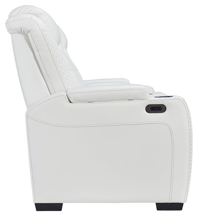 Party Time White Faux Leather Power Reclining Loveseat With Console - Ella Furniture