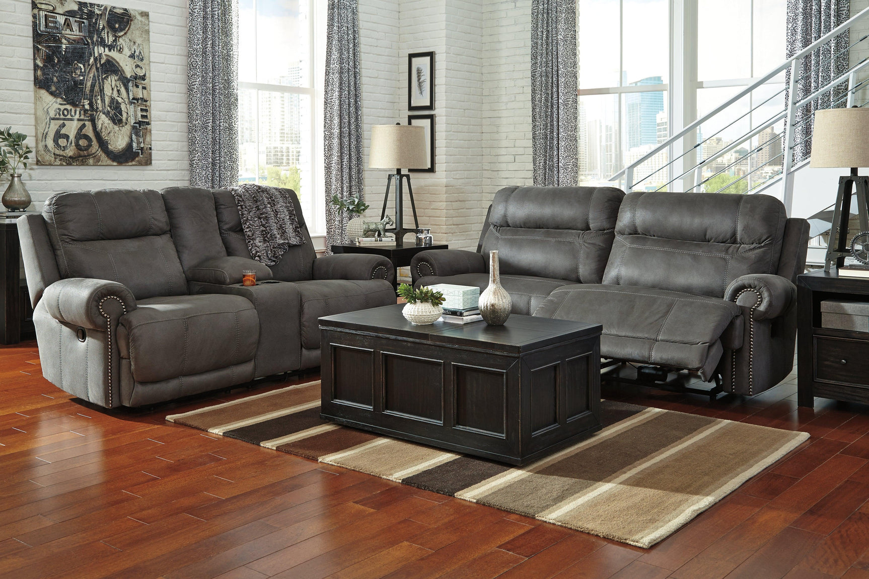 Austere Gray Faux Leather Reclining Sofa - Ella Furniture