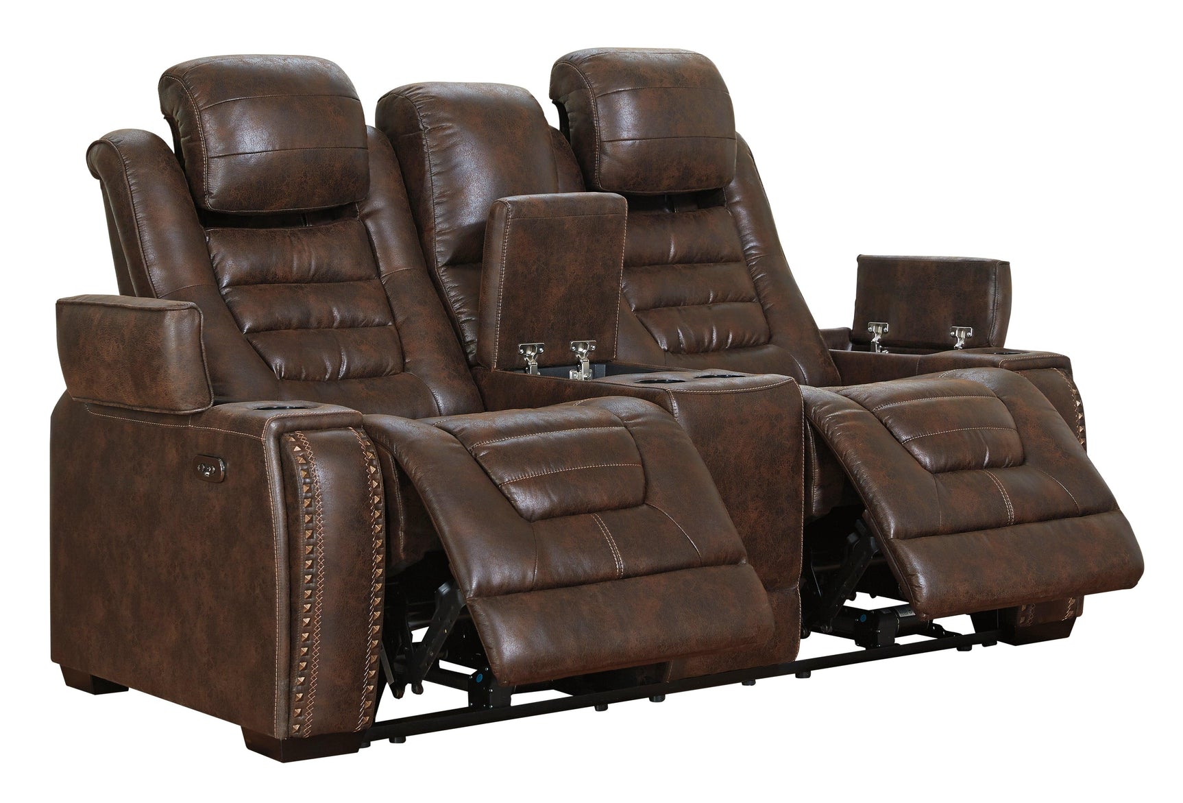 Game Zone Bark Faux Leather Power Reclining Loveseat With Console - Ella Furniture