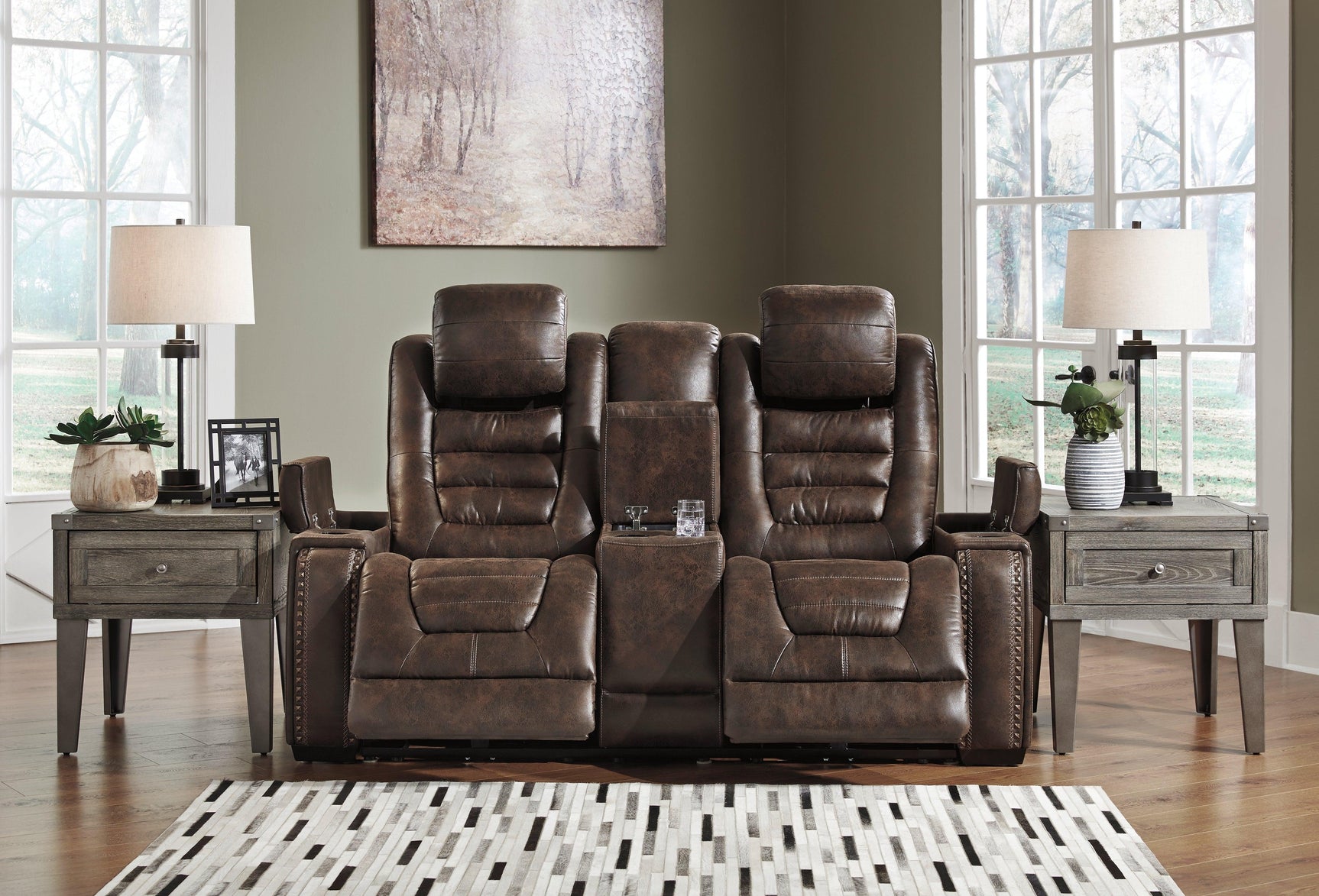 Game Zone Bark Faux Leather Power Reclining Loveseat With Console - Ella Furniture