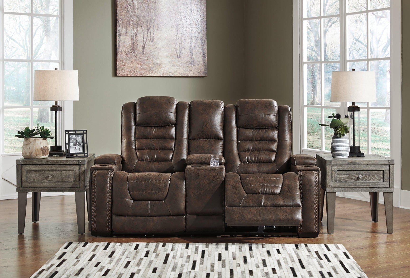 Game Zone Bark Faux Leather Power Reclining Loveseat With Console - Ella Furniture