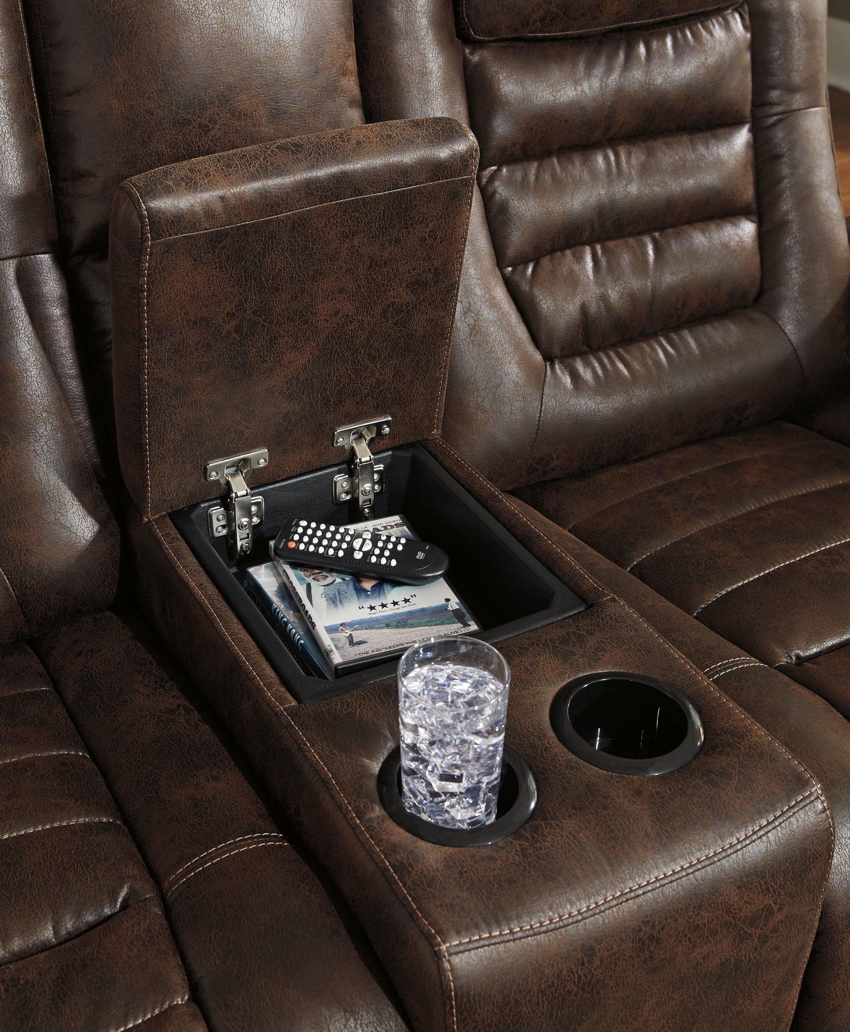 Game Zone Bark Faux Leather Power Reclining Loveseat With Console - Ella Furniture