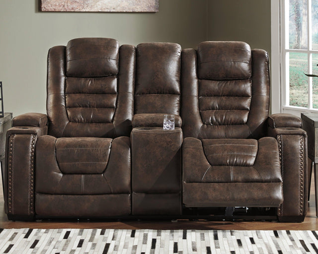 Game Zone Bark Faux Leather Power Reclining Loveseat With Console - Ella Furniture