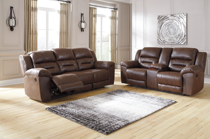 Stoneland Chocolate Faux Leather Reclining Sofa - Ella Furniture
