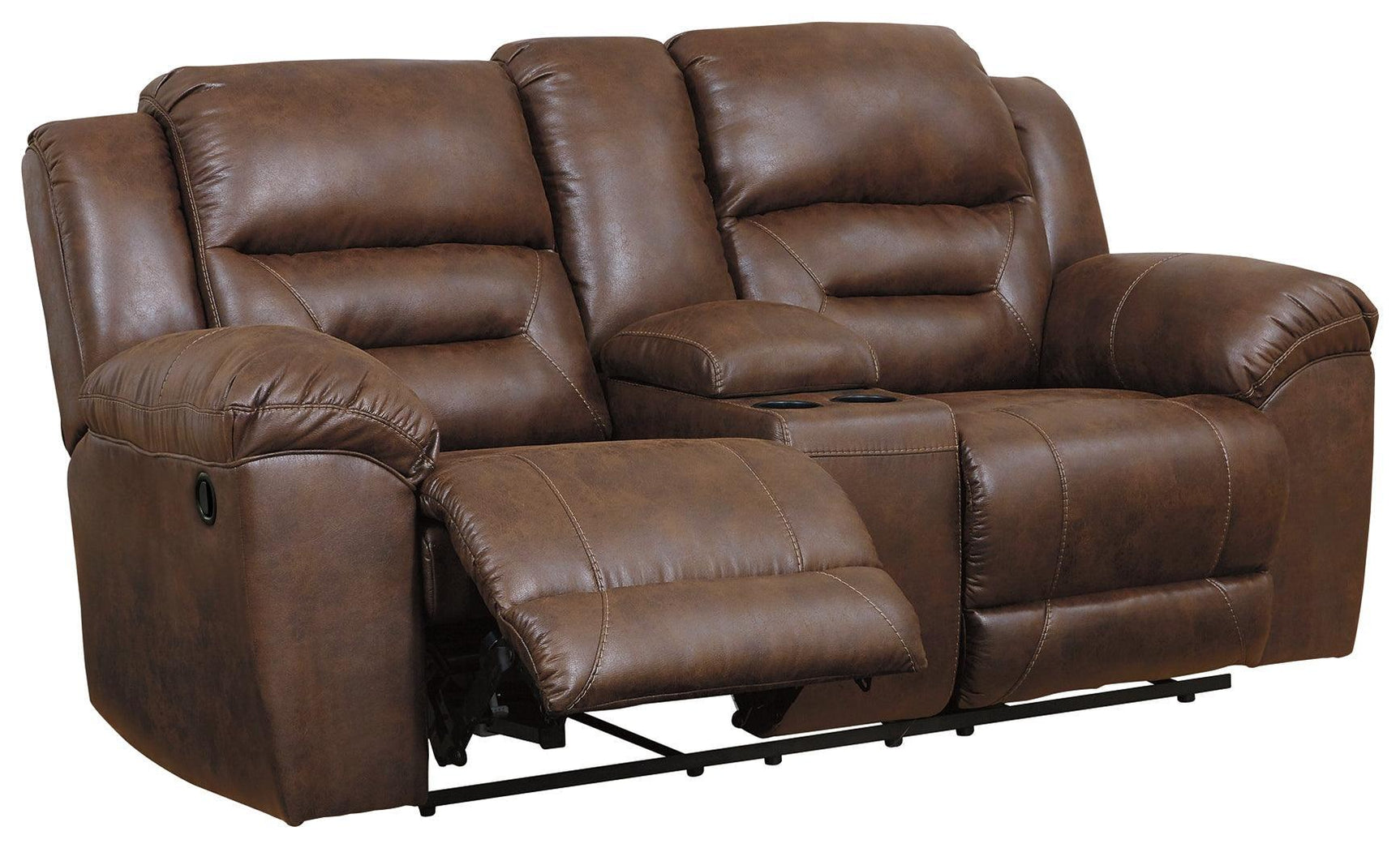 Stoneland Chocolate Faux Leather Reclining Loveseat With Console - Ella Furniture