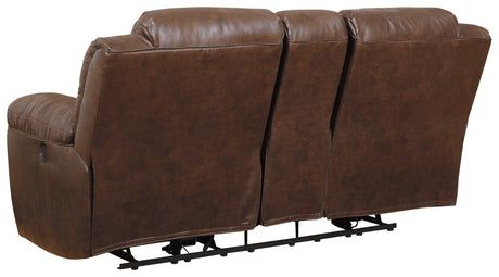 Stoneland Chocolate Faux Leather Power Reclining Loveseat With Console - Ella Furniture
