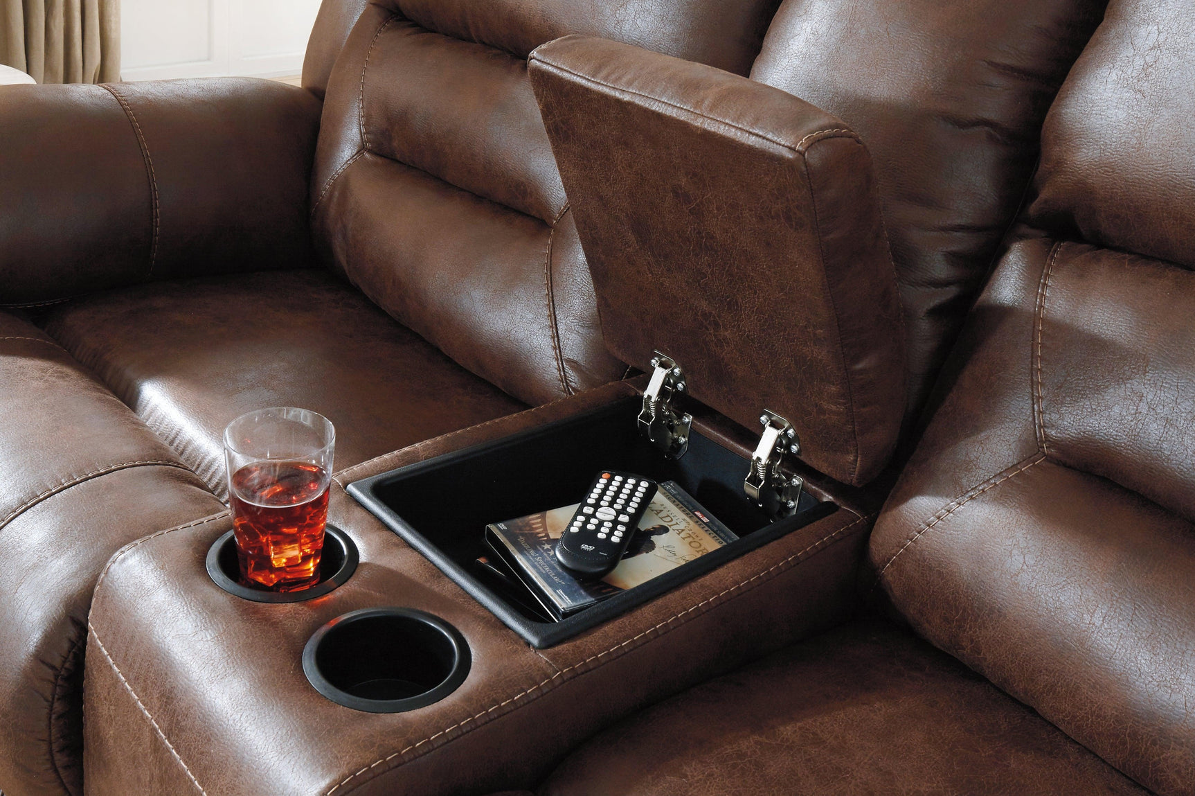 Stoneland Chocolate Faux Leather Reclining Loveseat With Console - Ella Furniture