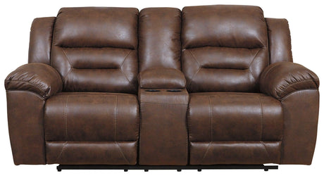 Stoneland Chocolate Faux Leather Power Reclining Loveseat With Console - Ella Furniture