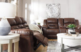 Stoneland Chocolate Faux Leather Reclining Loveseat With Console - Ella Furniture
