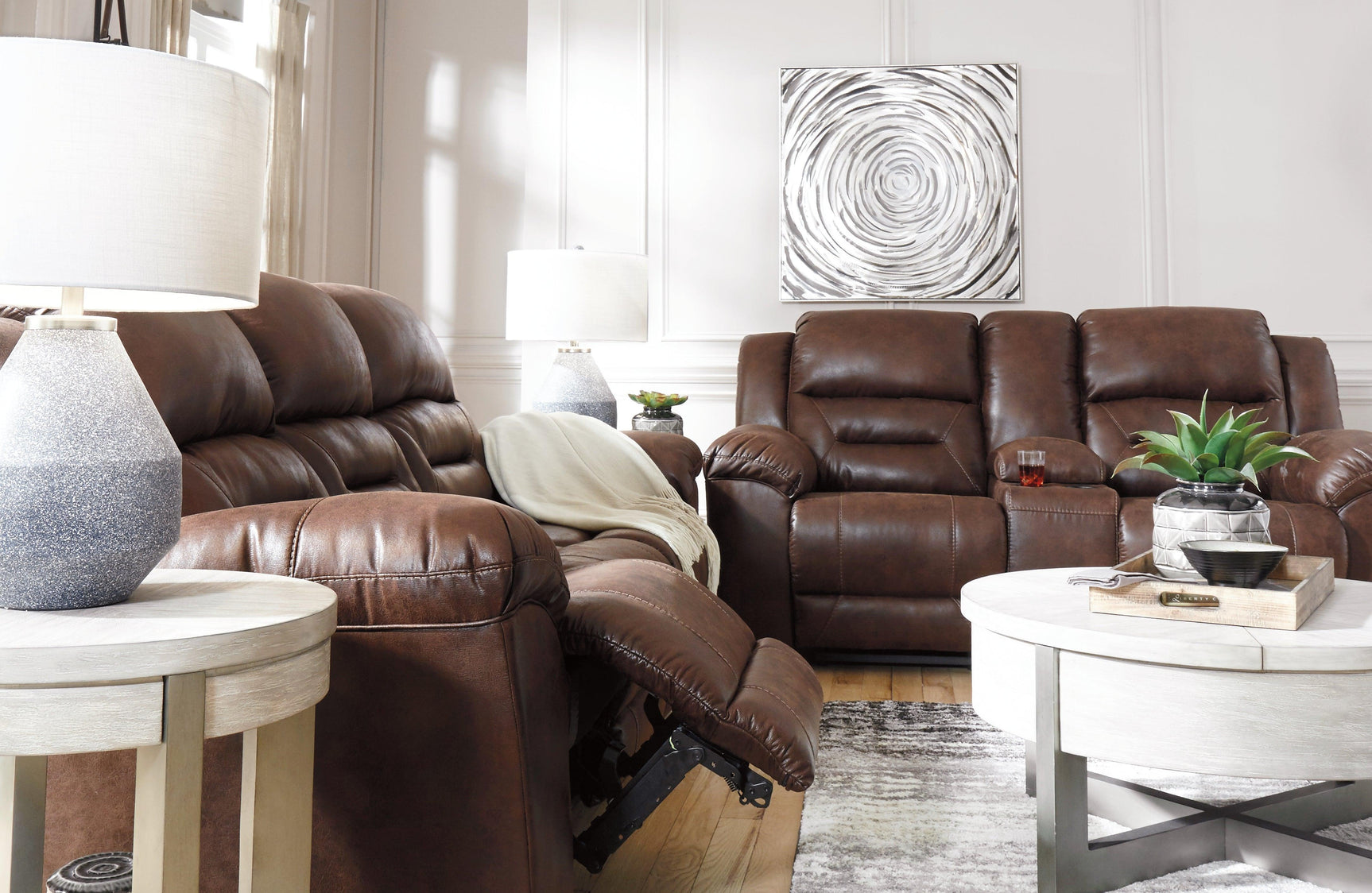 Stoneland Chocolate Faux Leather Reclining Loveseat With Console - Ella Furniture