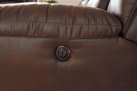Stoneland Chocolate Faux Leather Power Reclining Loveseat With Console - Ella Furniture