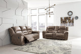 Stoneland Chocolate Faux Leather Reclining Loveseat With Console - Ella Furniture