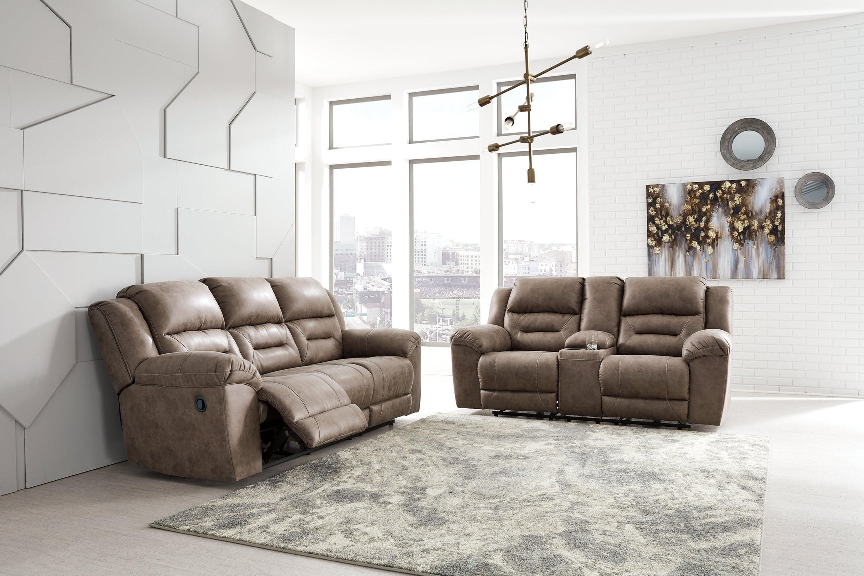 Stoneland Chocolate Faux Leather Reclining Loveseat With Console - Ella Furniture