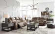 Stoneland Chocolate Faux Leather Reclining Loveseat With Console - Ella Furniture