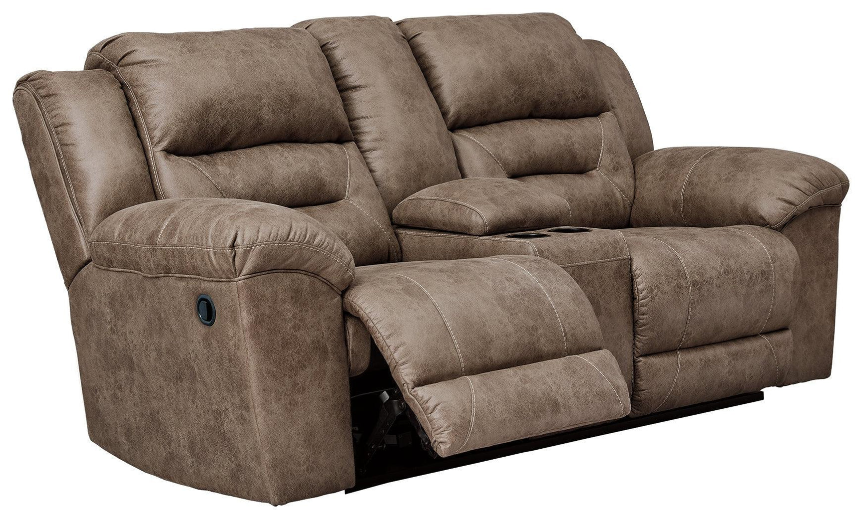 Stoneland Chocolate Faux Leather Reclining Loveseat With Console - Ella Furniture