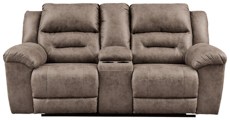 Stoneland Chocolate Faux Leather Reclining Loveseat With Console - Ella Furniture