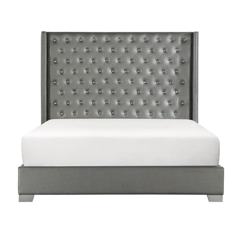 Jacklyn Silver Modern Contemporary Solid Wood Faux Leather Upholstered Tufted Queen Panel Bed - Ella Furniture