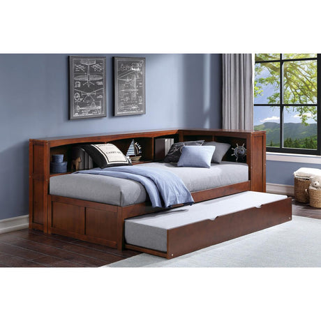 Rowe Dark Cherry Engineered Wood Youth Twin Bookcase Platform Corner Bedroom Set With Youth Trundle - Ella Furniture