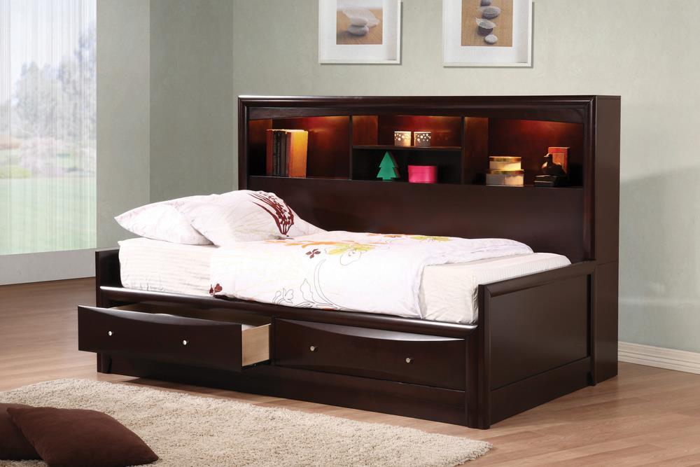 Phoenix Twin Daybed With Bookcase And Storage Drawers Cappuccino - Ella Furniture
