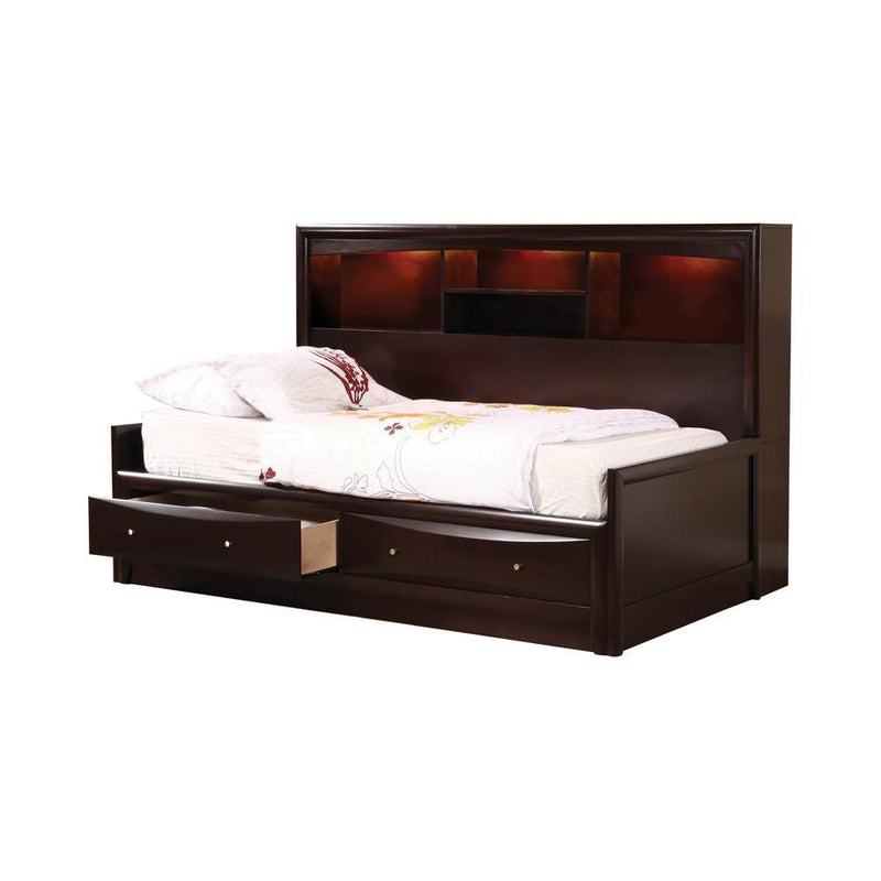 Phoenix Twin Daybed With Bookcase And Storage Drawers Cappuccino - Ella Furniture